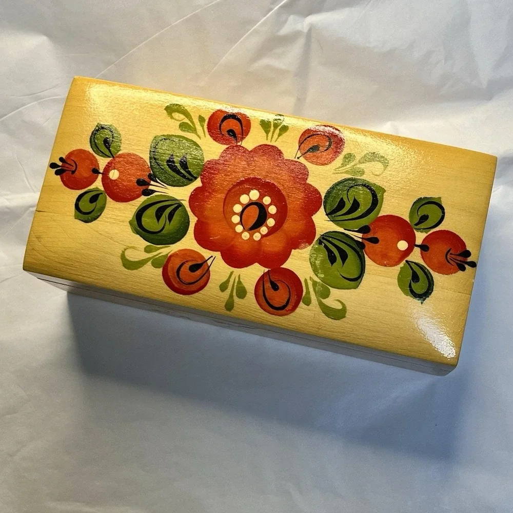 Vintage Russian Folk Art Wooden Box Hand Painted Floral
